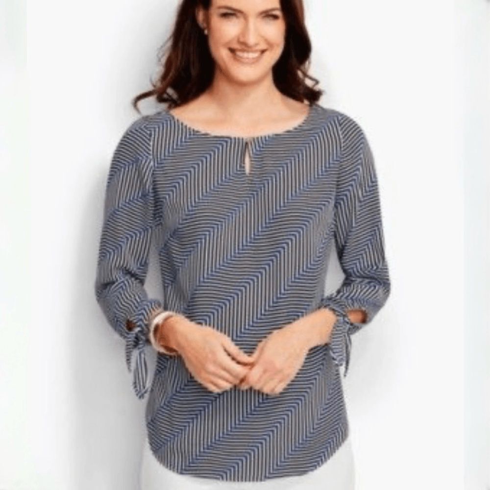 Talbots Blouse Harringbone Stripe 3/4 Tie Sleeve